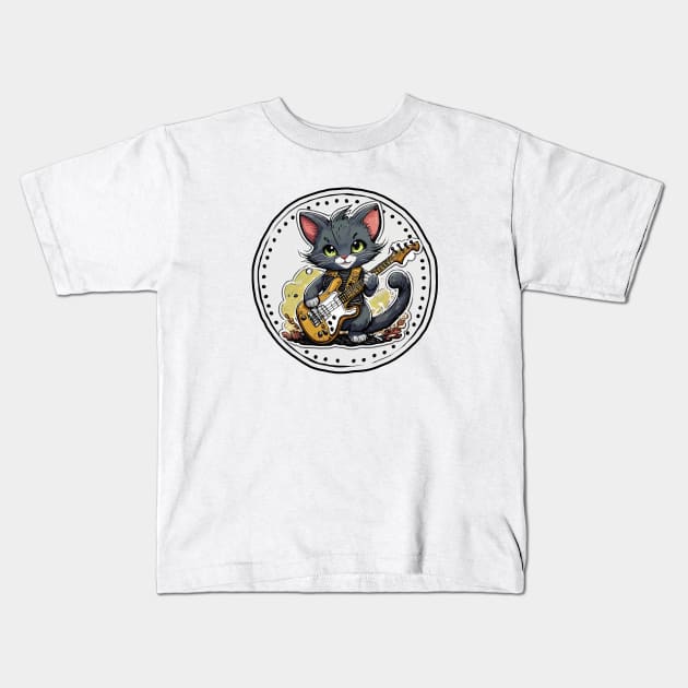 Black Cat With a Bass Guitar Kids T-Shirt by Wilcox PhotoArt